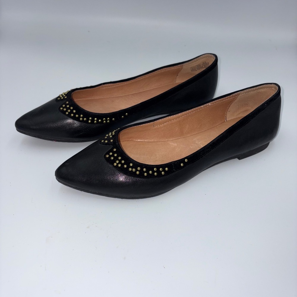 Miz Mooz Whitney Black Leather Studded Pointed‎ Toe Ballet Flats Womens 6.5